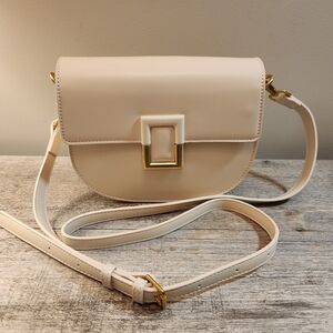Timeless Cream Vegan Leather Half Moon Crossbody Bag with Adjustable Strap